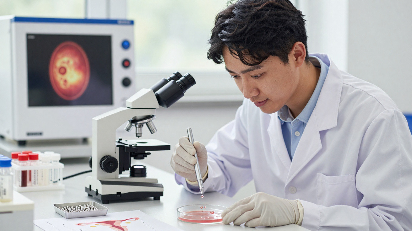 Cientista em laboratório usando luvas e jaleco manipula amostra em placa de Petri ao lado de microscópio.