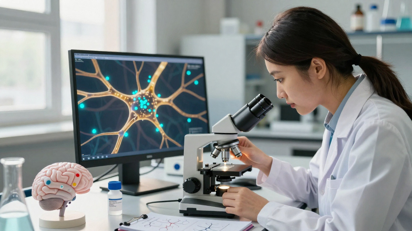 Cientista feminina usando microscópio com modelo de cérebro e imagem digital de neurônios ao fundo.