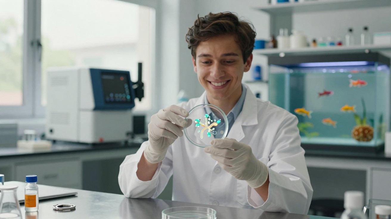 Cientista sorridente analisa cultura em placa de petri em laboratório moderno com aquário ao fundo.