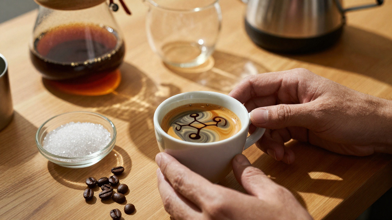 Mãos segurando xícara de café com arte em espuma, açúcar em pote, grãos de café e coador na mesa de madeira.