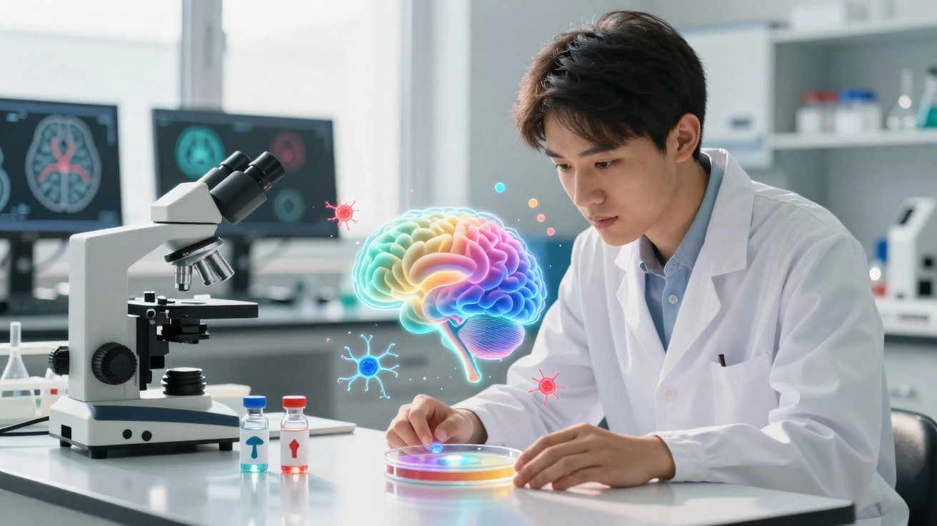 Cientista em laboratório analisando placa de petri com ilustração holográfica do cérebro e vírus.