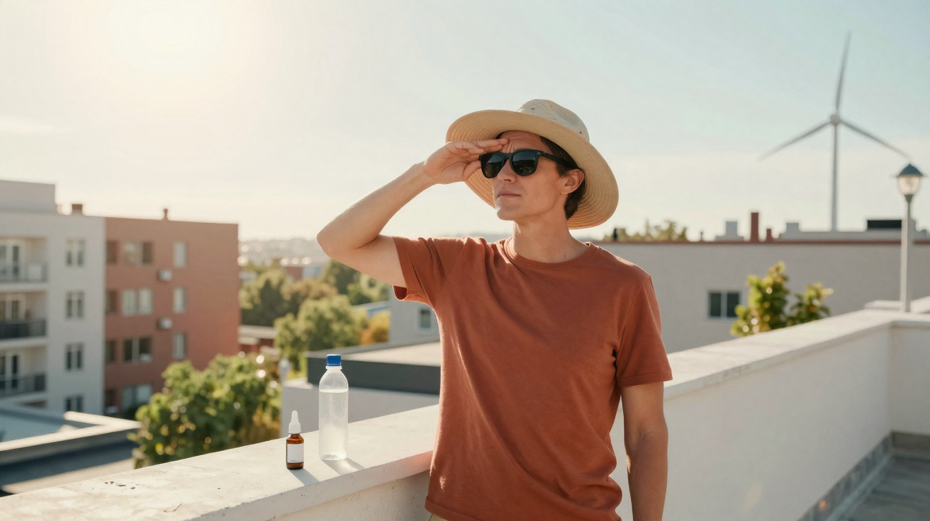 Homem de chapéu e óculos escuros olhando para o horizonte em um terraço com prédios ao fundo.