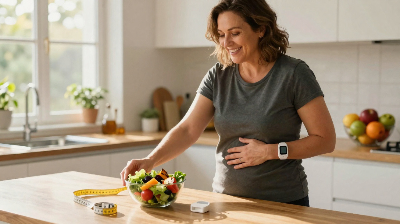 Mulher sorridente na cozinha segurando a barriga com uma mão e pegando uma salada com a outra.