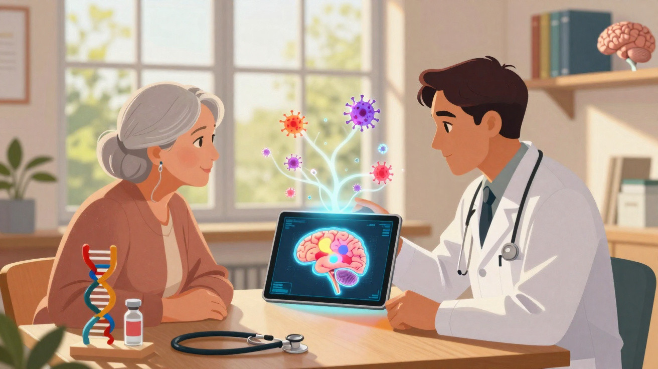 Médico conversa com idosa sobre cérebro e vírus, com elementos genéticos e hospital ao fundo.