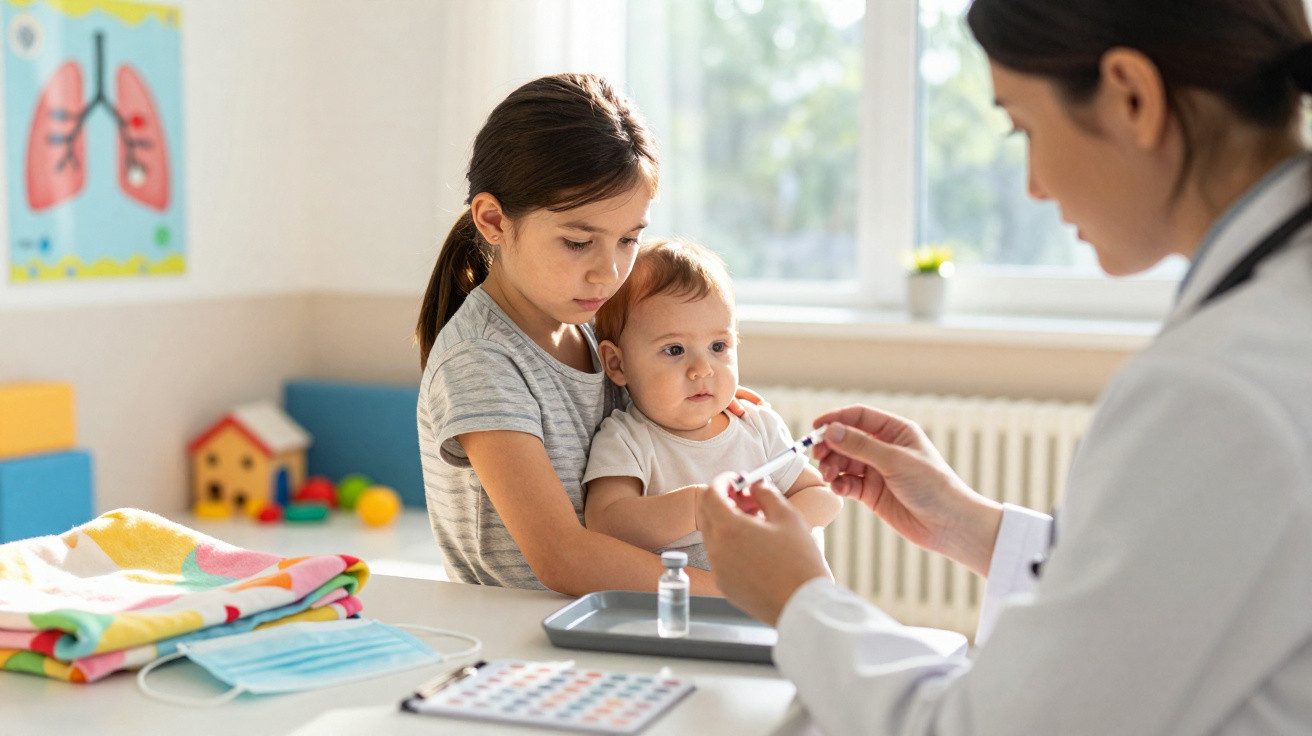 Criança segurando bebê em clínica enquanto médica prepara vacina em seringa na mesa.