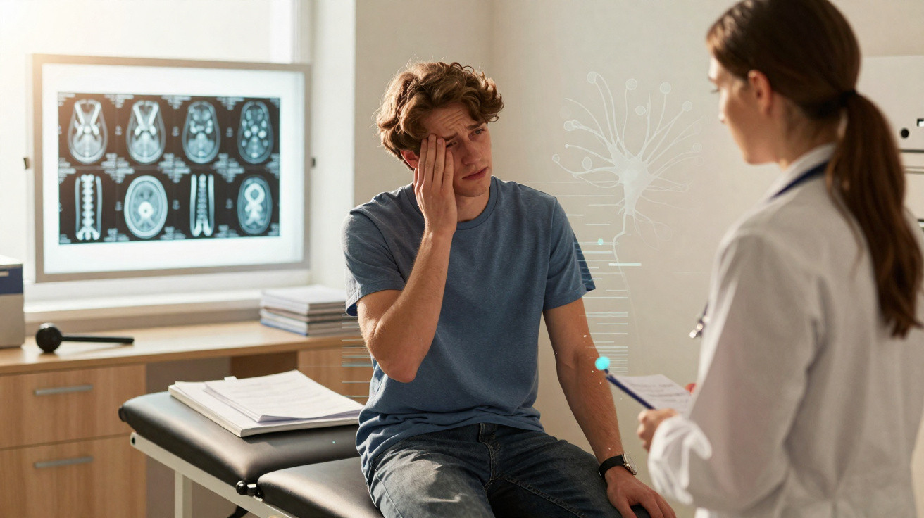 Paciente jovem com dor na cabeça consulta médica, enquanto exames de neuroimagem estão exibidos ao fundo.