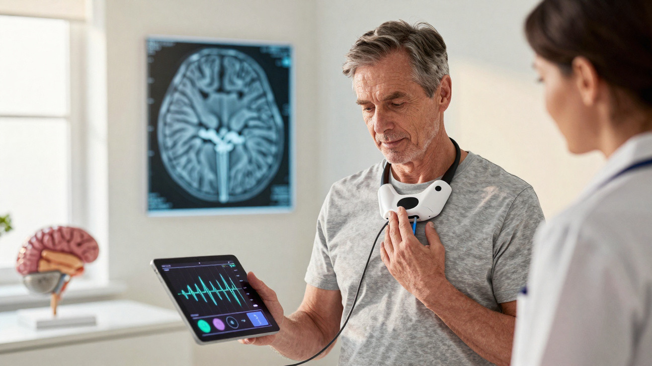 Homem realizando exame com dispositivo médico conectado ao pescoço, com médica observando e imagem de cérebro ao fundo.