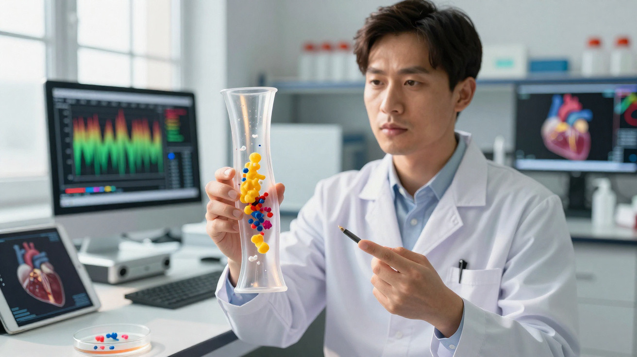 Cientista em laboratório analisando modelo molecular colorido em recipiente cilíndrico transparente.