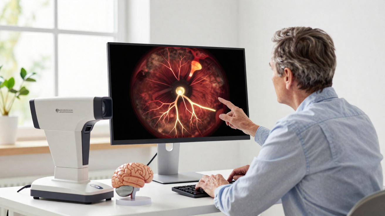 Homem analisa imagem detalhada de retina em monitor de computador em ambiente clínico.