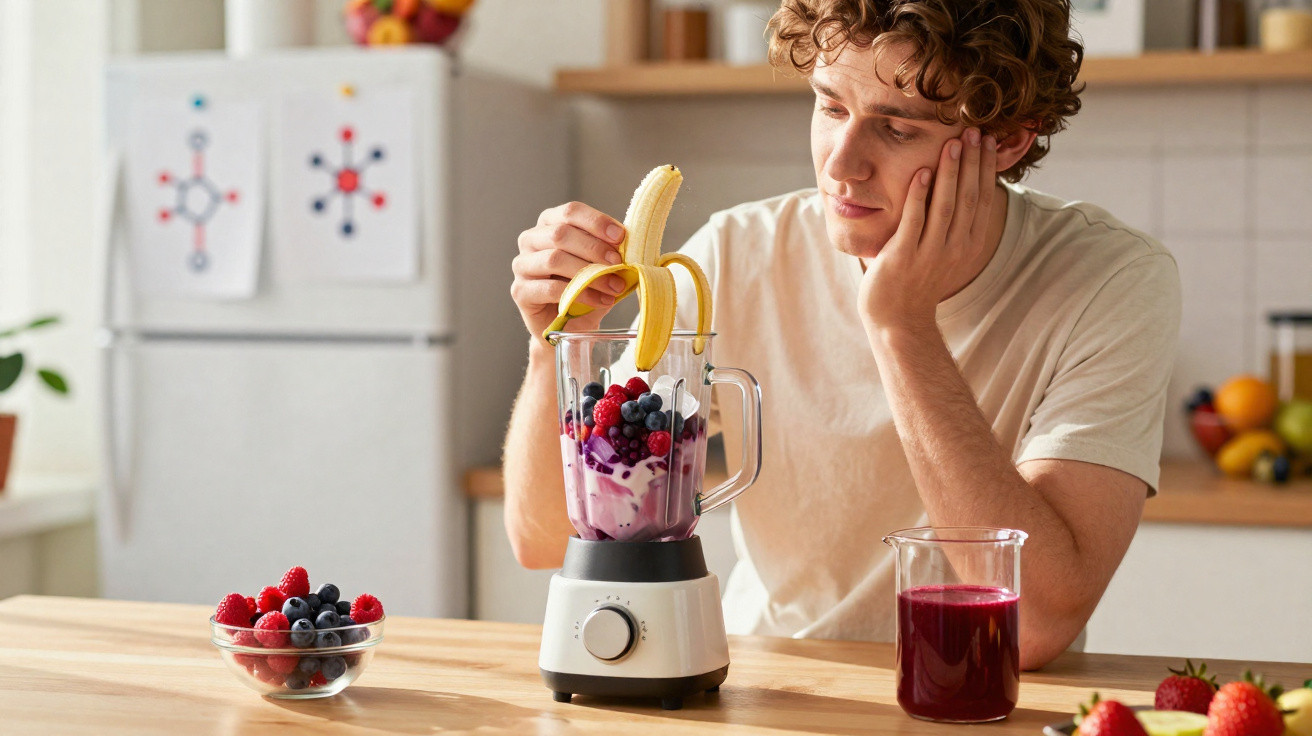 Jovem preparando smoothie com frutas em liquidificador na cozinha, parecendo pensativo.