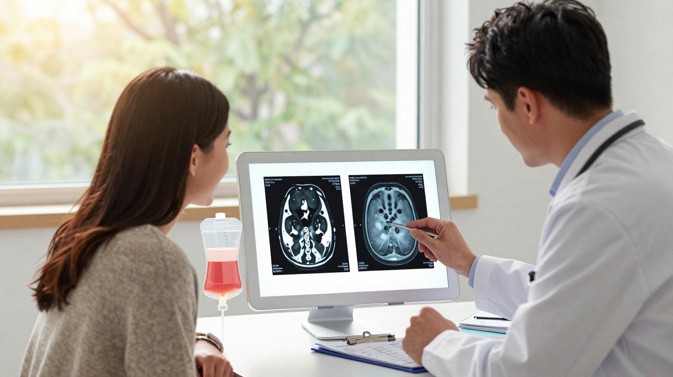 Médico explica exames de ressonância magnética cerebral para paciente em consultório iluminado.