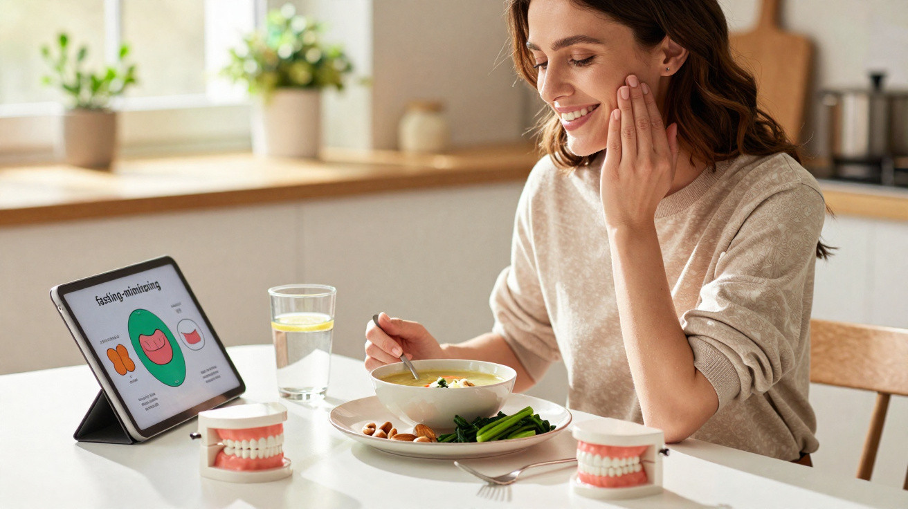 Mulher sorridente almoçando na cozinha com tablet e modelos dentários sobre a mesa.
