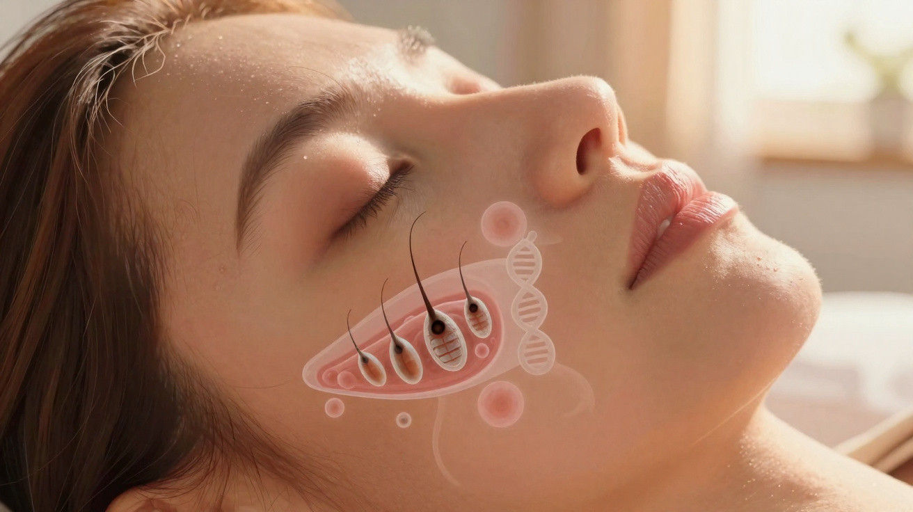 Rosto de mulher com olhos fechados e ilustração de folículos capilares e DNA na bochecha.