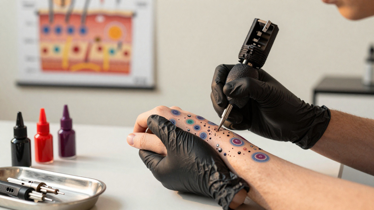 Pessoa fazendo tatuagem colorida em estilo geométrico no braço, com luvas pretas e tintas ao fundo.