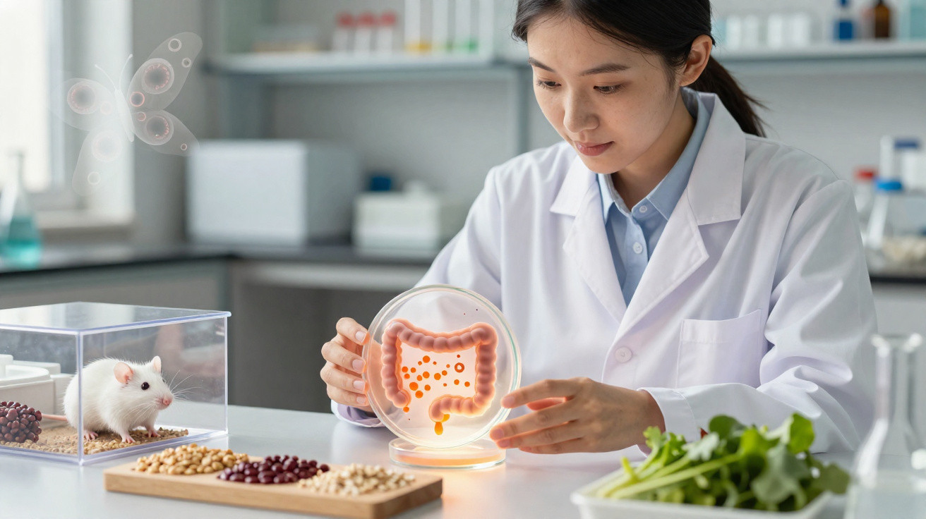 Pesquisadora em laboratório com petri mostrando modelo de intestino humano e camundongo em caixa transparente.