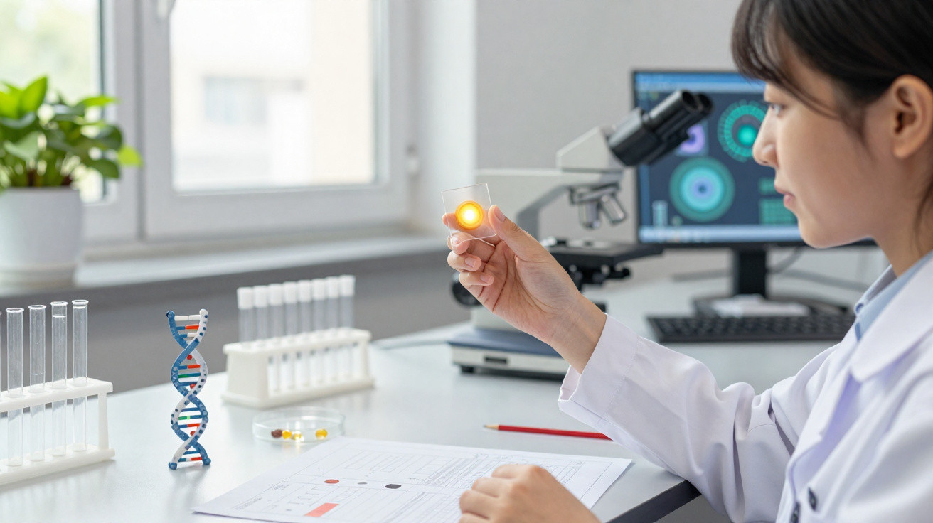 Cientista em laboratório analisando lâmina com teste, com modelo de DNA e microscópio ao fundo.
