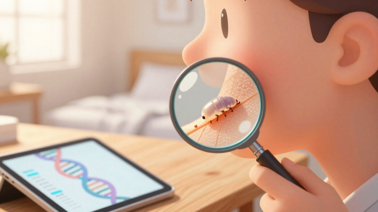 Pessoa analisando com lupa um piolho em sua pele, com tablet mostrando cadeia de DNA ao fundo.