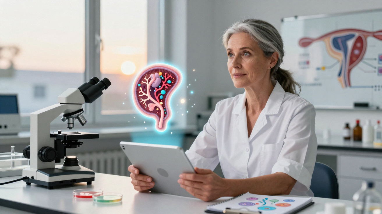 Cientista mulher em laboratório com microscópio e ilustração digital de órgão renal em tablet.