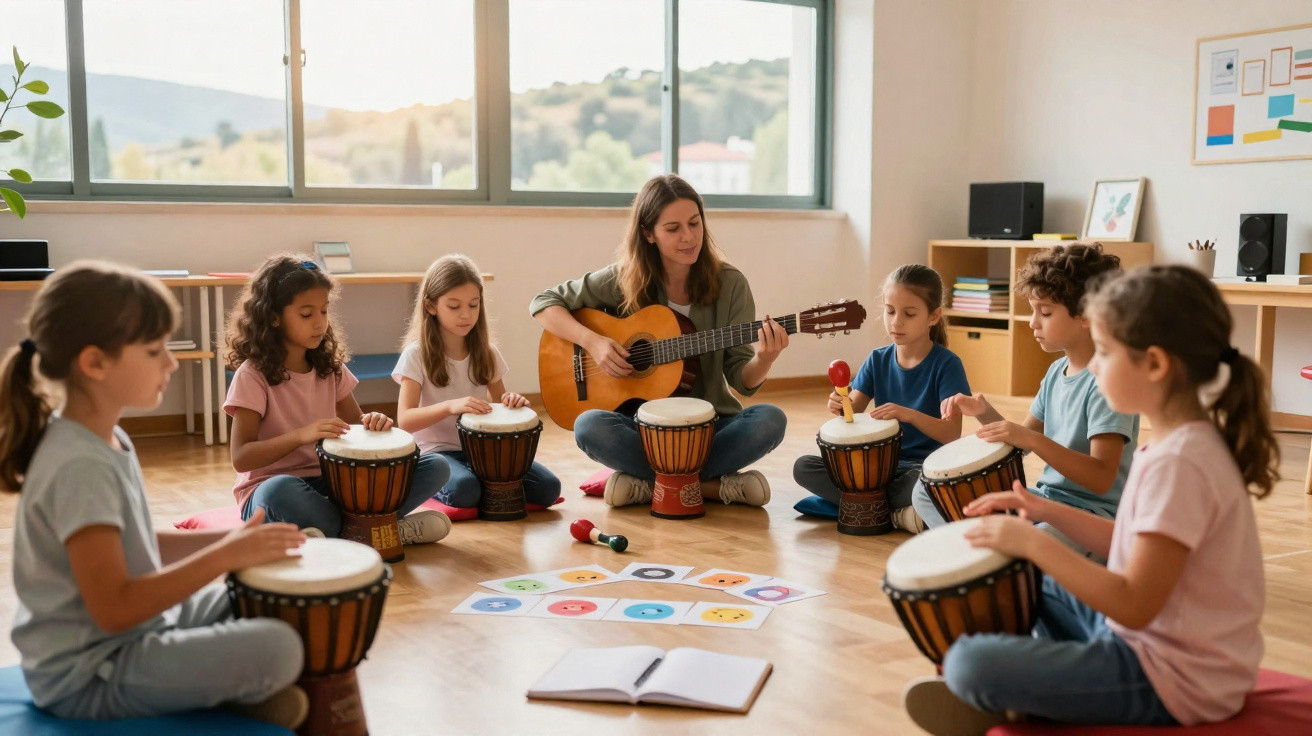 Professora com violão e crianças tocando tambores em círculo em sala de aula iluminada.