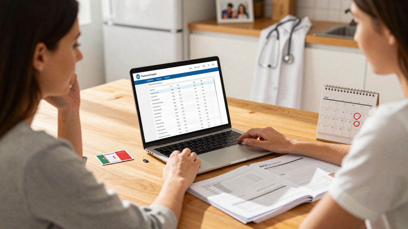 Duas mulheres analisam dados financeiros em notebook e documentos, com calendário marcado na mesa.