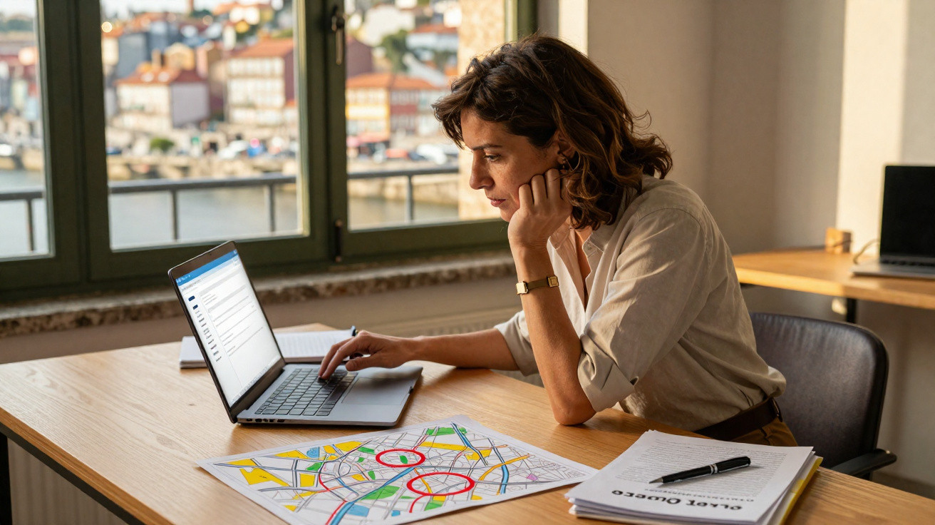 Mulher concentrada usando laptop em mesa com mapa e documentos, janela com vista urbana ao fundo.