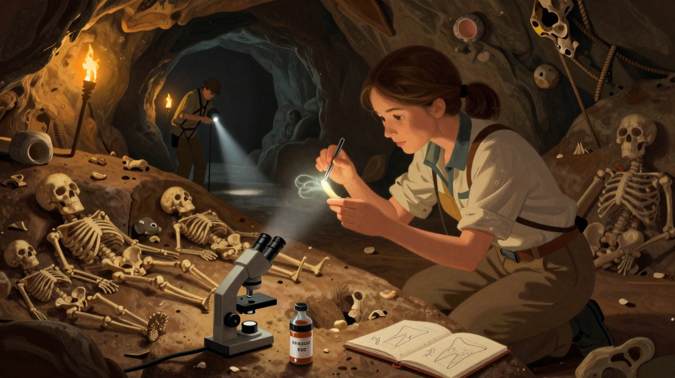 Jovem investigadora analisa objeto brilhante em caverna com esqueletos, microscópio e anotações científicas.