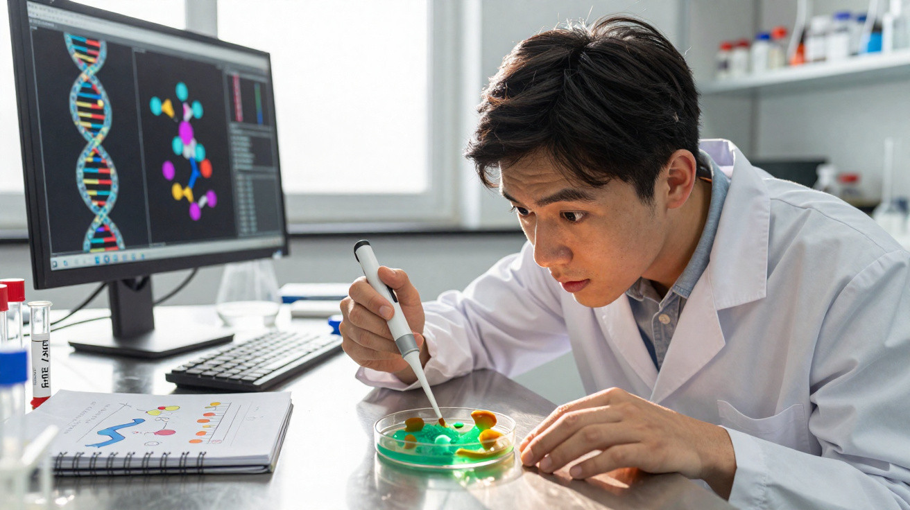 Jovem cientista manipulando amostras em placa de Petri em laboratório com imagens de DNA no computador.