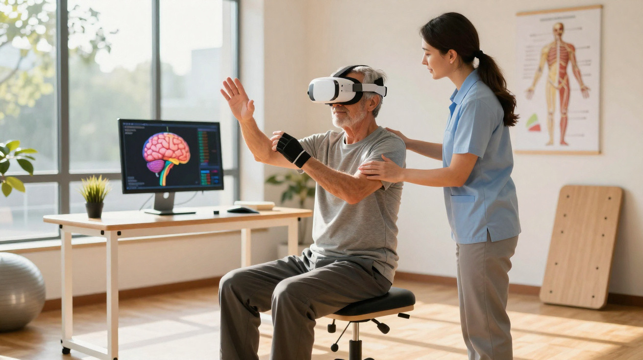 Idoso usando equipamento de realidade virtual durante sessão de fisioterapia com auxílio de profissional.