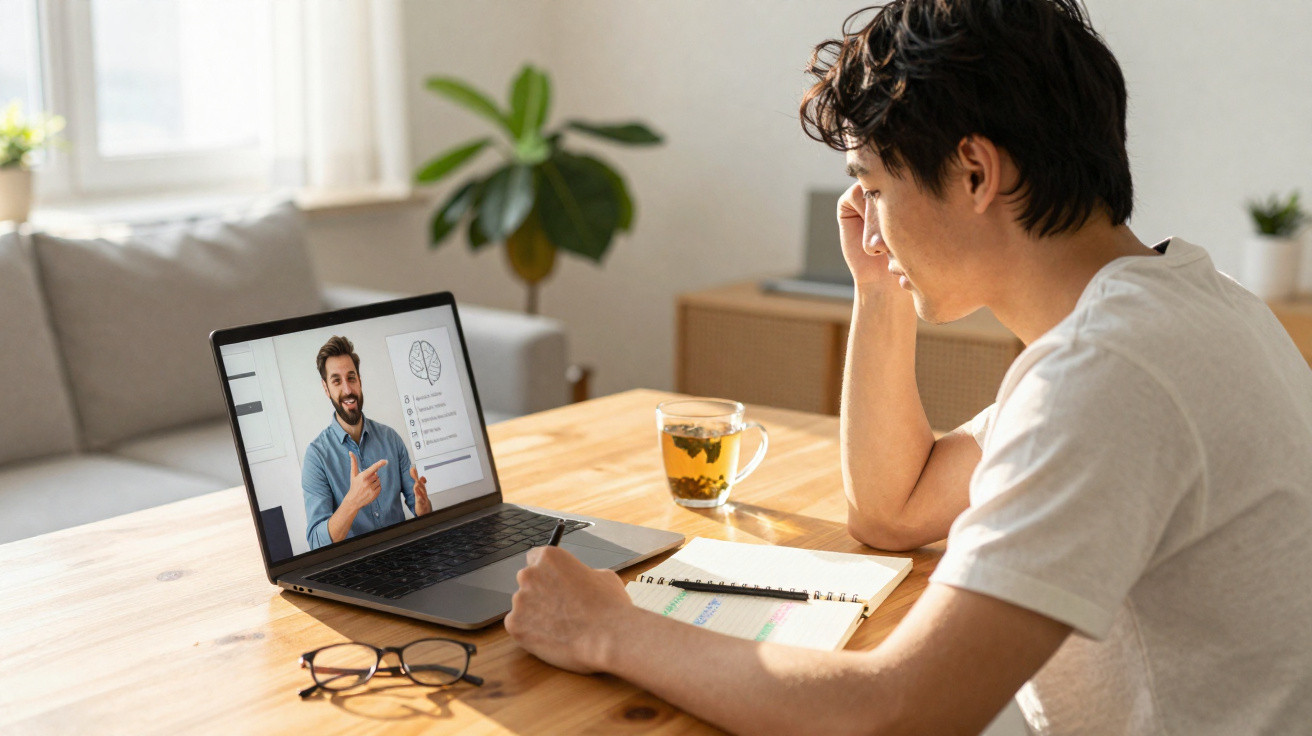 Pessoa assistindo aula online em laptop, anotando em caderno, com chá e óculos sobre mesa de madeira.