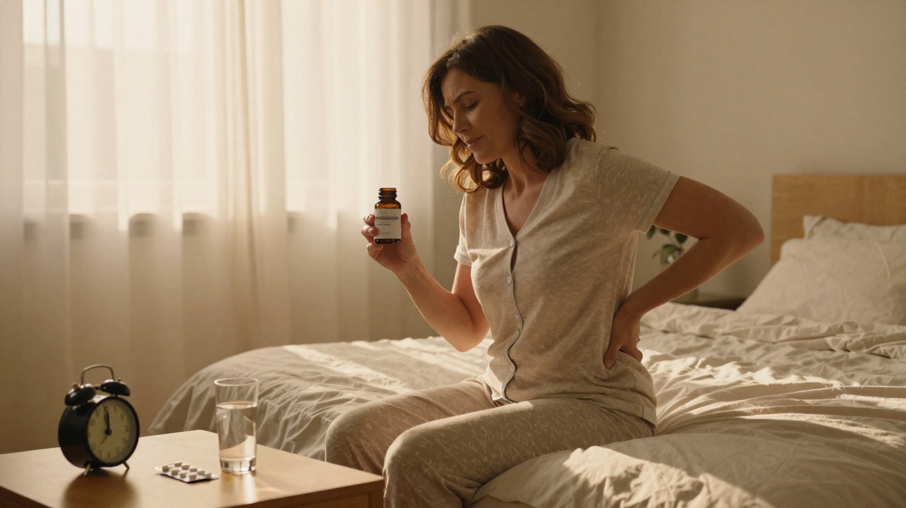 Mulher sentada na cama com expressão de dor segurando remédio, ao lado copo d'água e comprimidos.