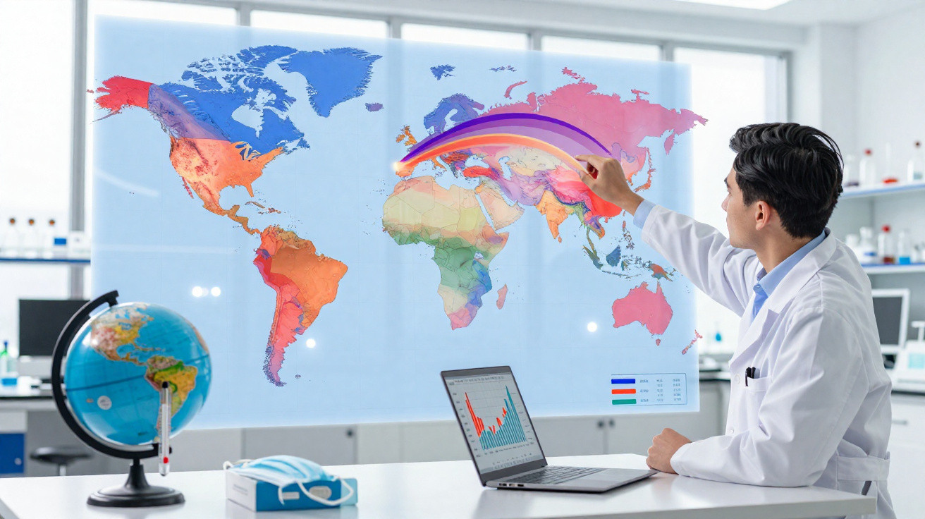 Cientista analisa dados com gráfico sobre mapa colorido do mundo em laboratório moderno.