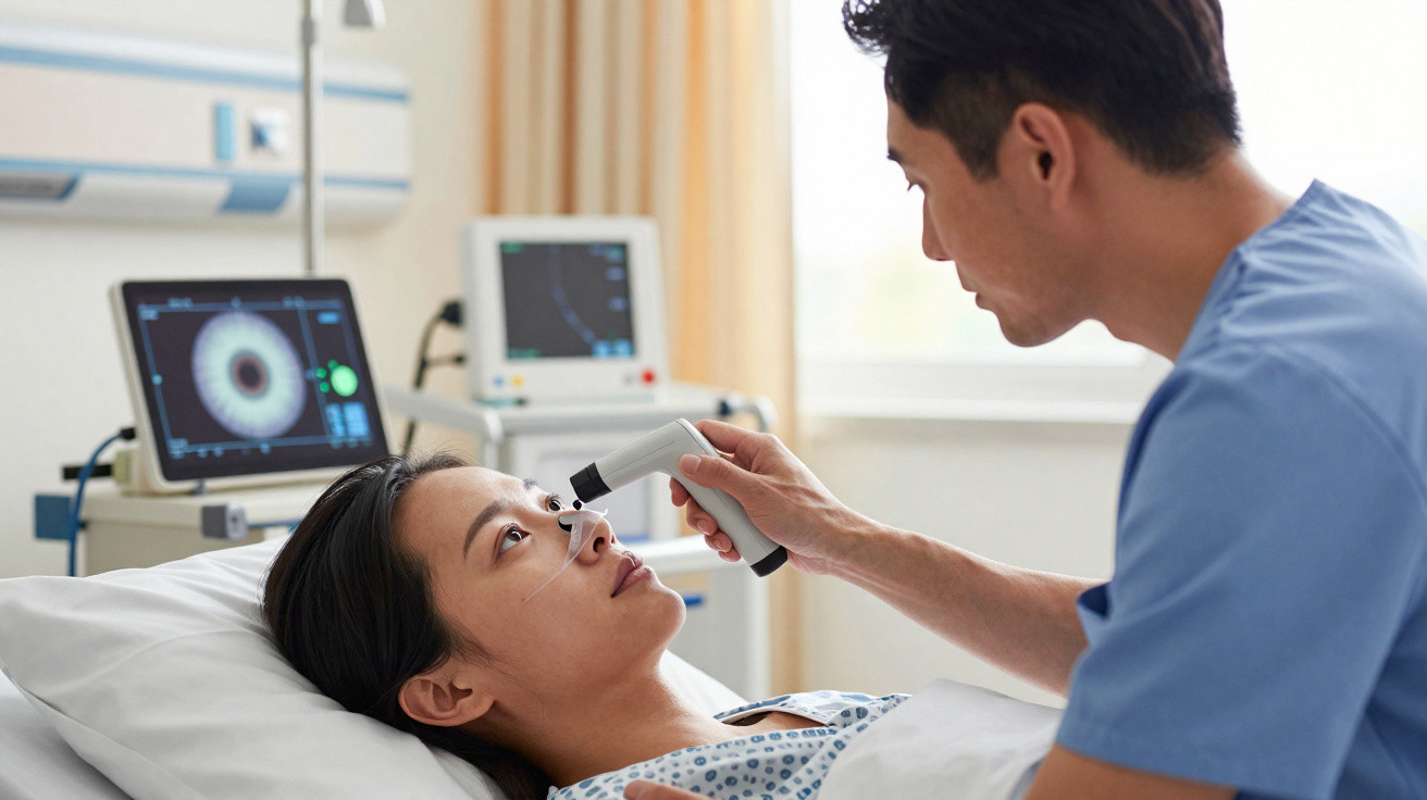 Médico realiza exame ocular em paciente deitada em cama hospitalar, com equipamentos médicos ao fundo.
