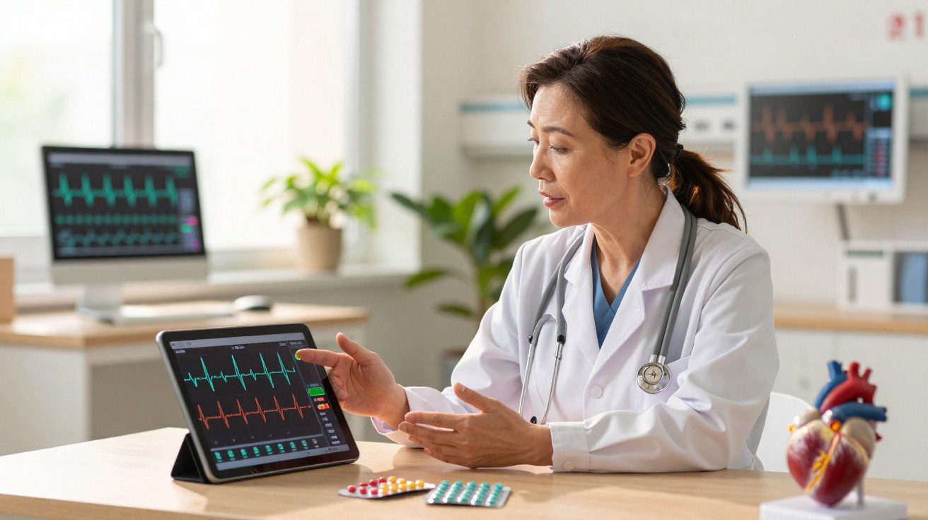 Médica analisando gráfico de eletrocardiograma em tablet, com coração modelo e medicamentos na mesa.