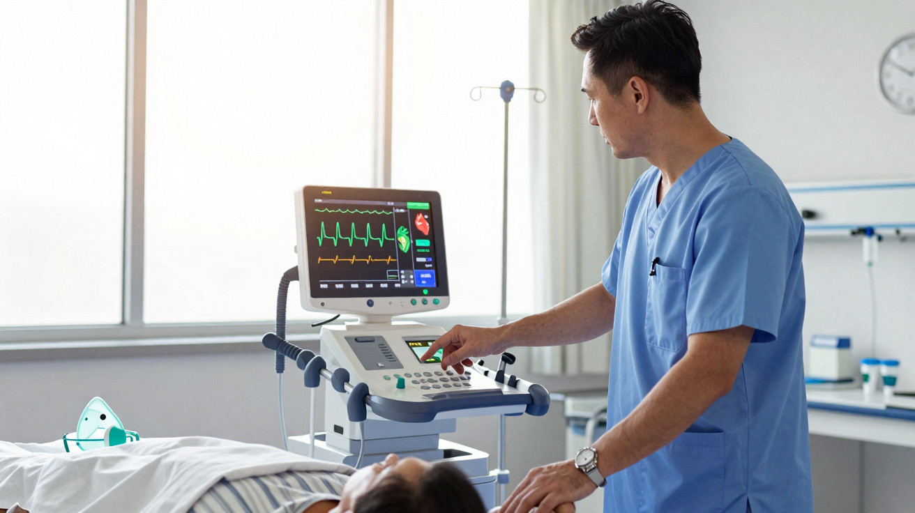 Profissional de saúde em uniforme azul monitora paciente com aparelho de eletrocardiograma em clínica.