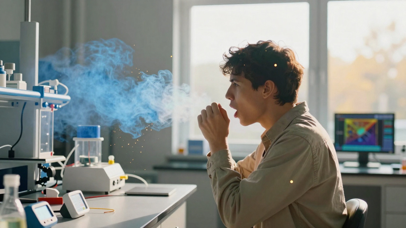 Jovem em laboratório científico exalando vapor azul durante experimento com equipamentos tecnológicos modernos.