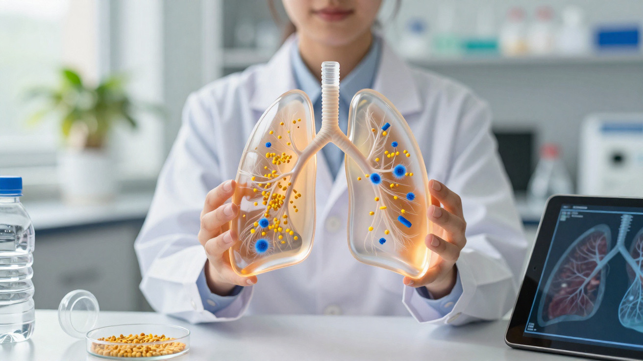 Médica segurando modelo transparente de pulmões com partículas amarelas e azuis, exame de pulmão digital ao lado.