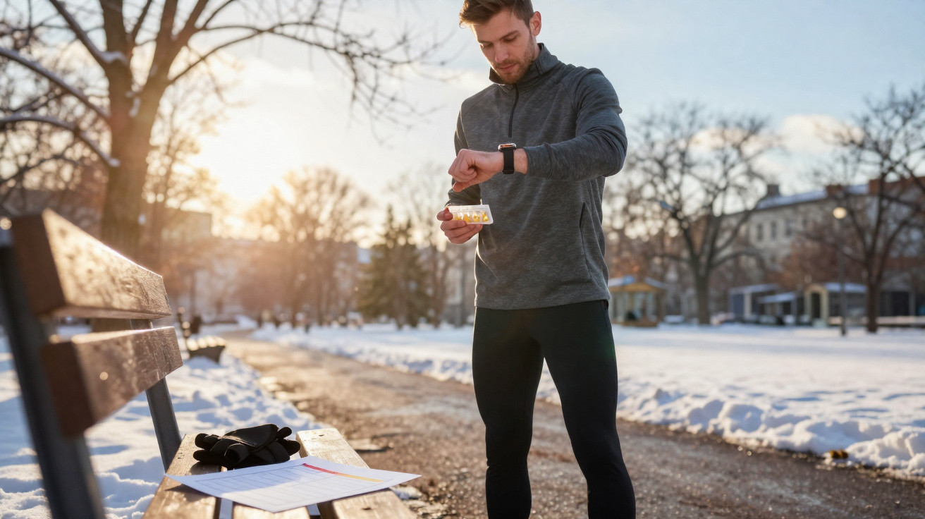 Homem vestindo roupa esportiva checando relógio ao ar livre em parque com neve ao redor.