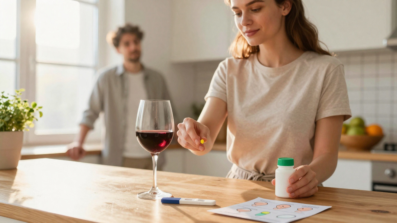 Mulher segurando comprimido perto de teste de gravidez com taça de vinho e homem ao fundo na cozinha.