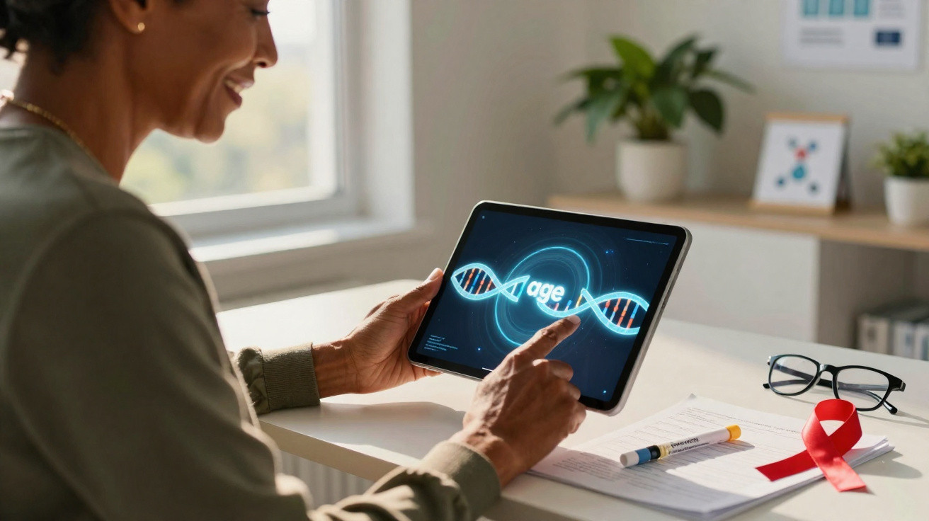 Pessoa olhando para imagem digital de DNA em tablet, fita vermelha de conscientização sobre HIV na mesa.
