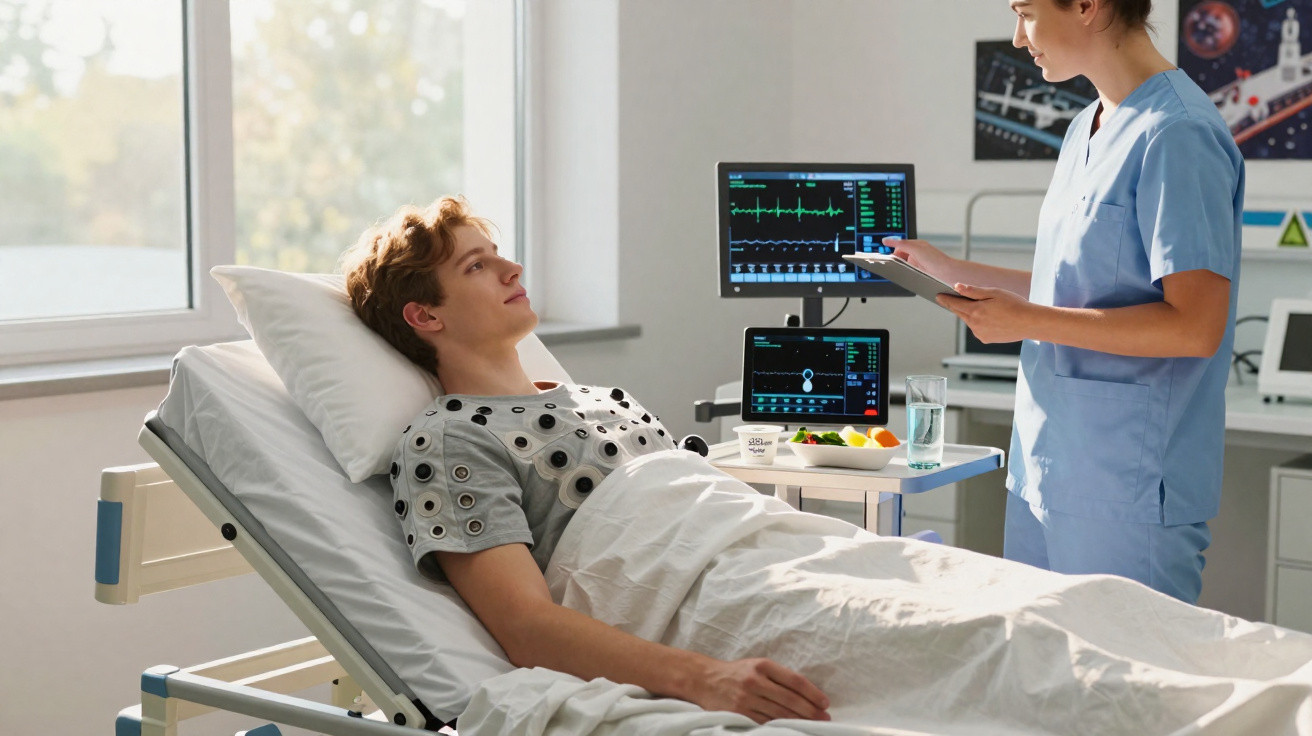 Paciente jovem deitado em cama hospitalar conversando com enfermeira ao lado de monitores cardíacos.