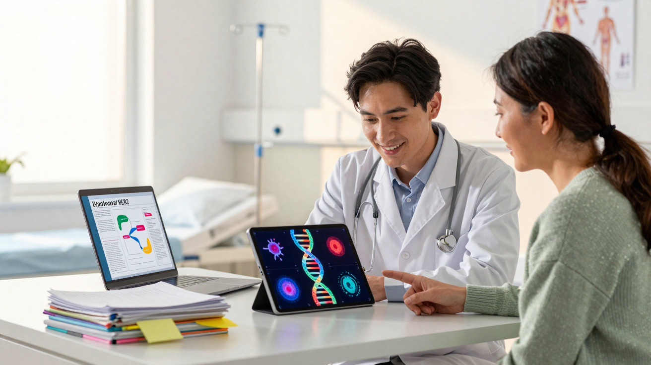 Médico conversa com paciente e mostra imagem de DNA e células em tablet em consultório moderno.