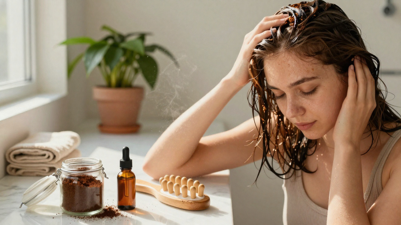 Mulher cuidando do cabelo molhado com produtos naturais e escova de madeira em bancada iluminada.