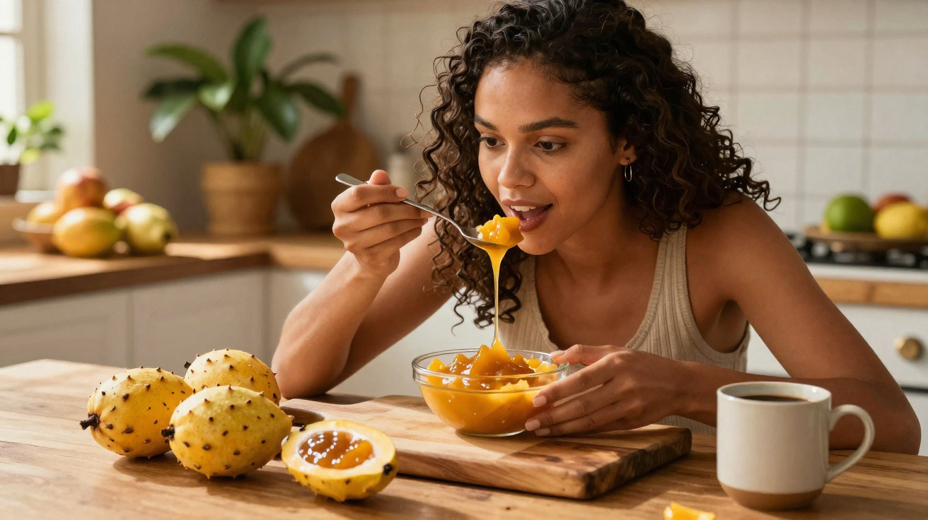 Mulher com cabelo cacheado comendo doce de fruta da cactácea em tigela na cozinha iluminada.