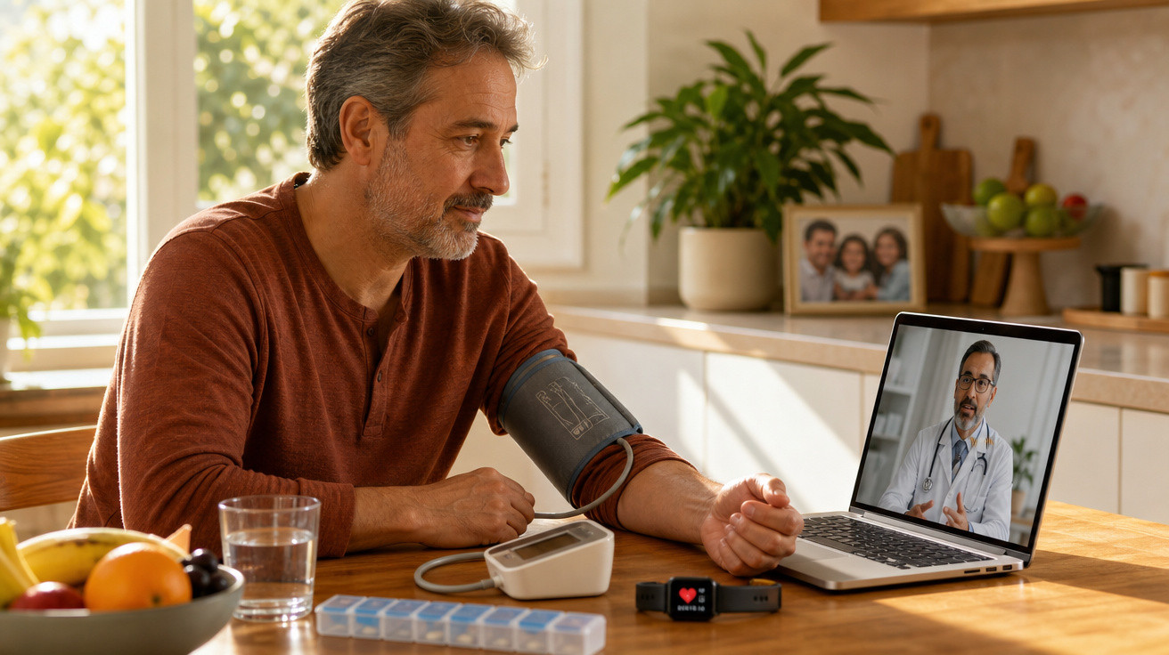 Homem medindo pressão arterial com aparelho digital enquanto consulta médico online pelo notebook.