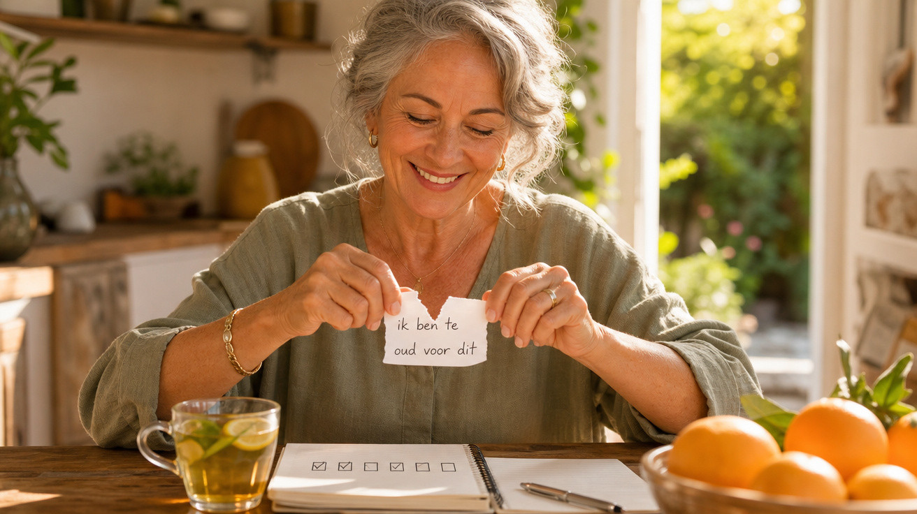 Mulher sorrindo rasga papel com texto em holandês sentada à mesa com chá, frutas e caderno.